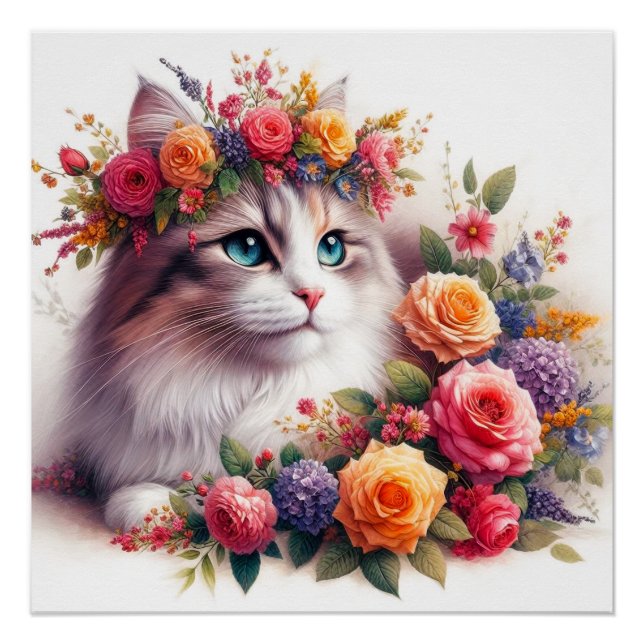 Cute cat flowers painting poster (Front)
