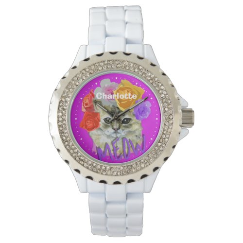 Cute Cat Flowery Rose Headdress Meow Personalized  Watch