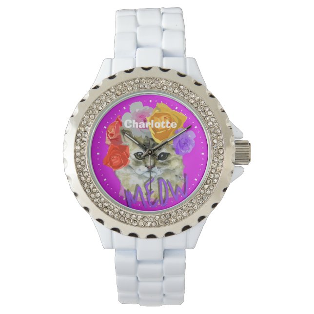 Cute Cat Flowery Rose Headdress Meow Personalized  Watch (Front)