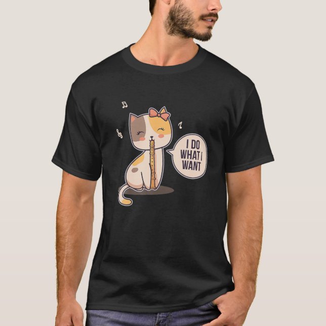 Cute Cat Flute Player Girl Flutist T-Shirt (Front)