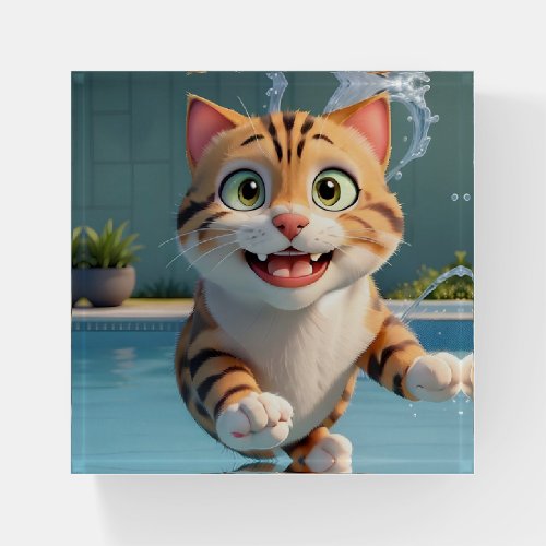 Cute Cat Flying Swimming Diving in Pool Funny Paperweight