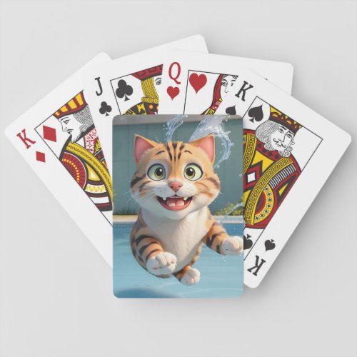 Cute Cat Flying Swimming Diving in Pool Funny Playing Cards