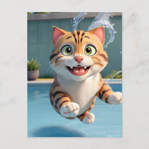 Cute Cat Flying Swimming Diving in Pool Funny Postcard
