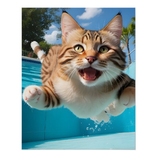 Cute Cat Flying Swimming Diving in Pool Funny Poster