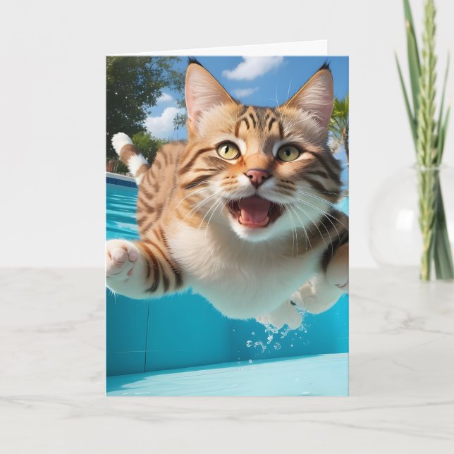 Cute Cat Flying Swimming Diving Pool Funny Blank Card (Front)