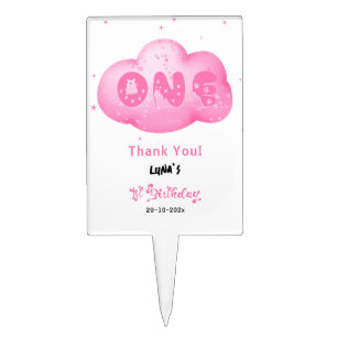 Cute Cat Font Watercolor Pink Cloud 1st Birthday Cake Topper