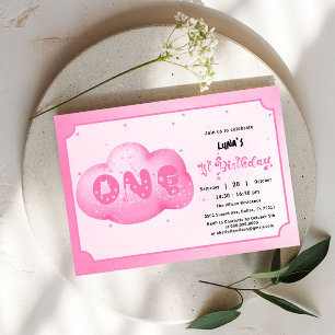 Cute Cat Font Watercolor Pink Cloud 1st Birthday Invitation