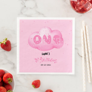 Cute Cat Font Watercolor Pink Cloud 1st Birthday Paper Dinner Napkins