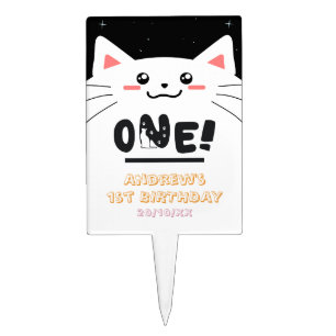 Cute Cat Frame Sparkling Stars 1st Birthday Cake Topper