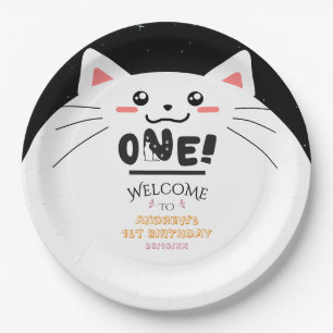 Cute Cat Frame Sparkling Stars 1st Birthday Paper Plates