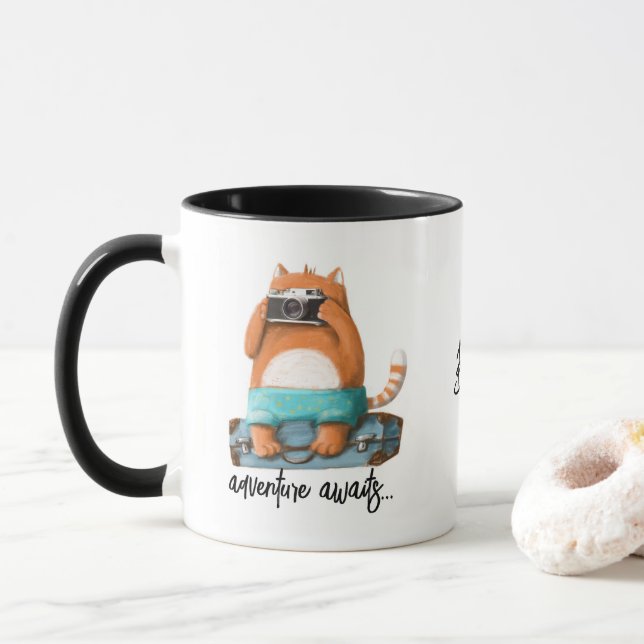 Cute Cat Funny Adventure Travel Personalized Name Mug (With Donut)