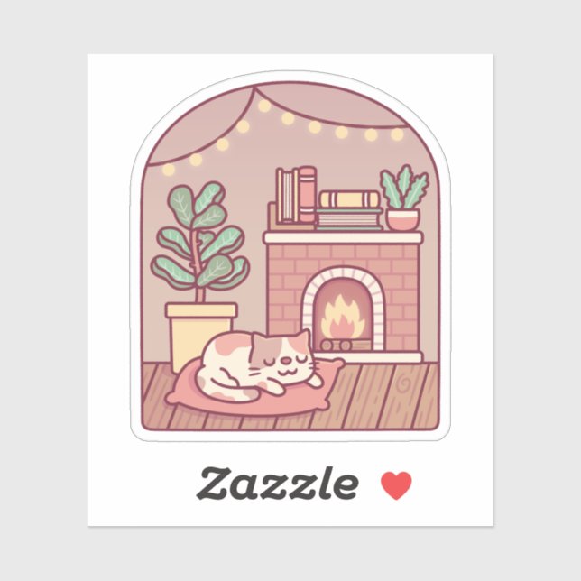 Cute Cat Getting Warm And Cozy In Front Of Firepla Sticker (Sheet)