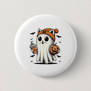 Cute Cat Ghost Iced Coffee Funny Ghost Halloween I Button