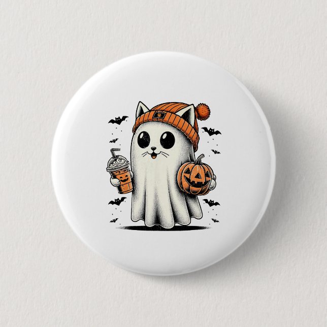 Cute Cat Ghost Iced Coffee Funny Ghost Halloween I Button (Front)