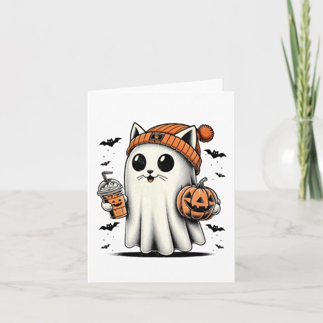 Cute Cat Ghost Iced Coffee Funny Ghost Halloween I Card (Front)
