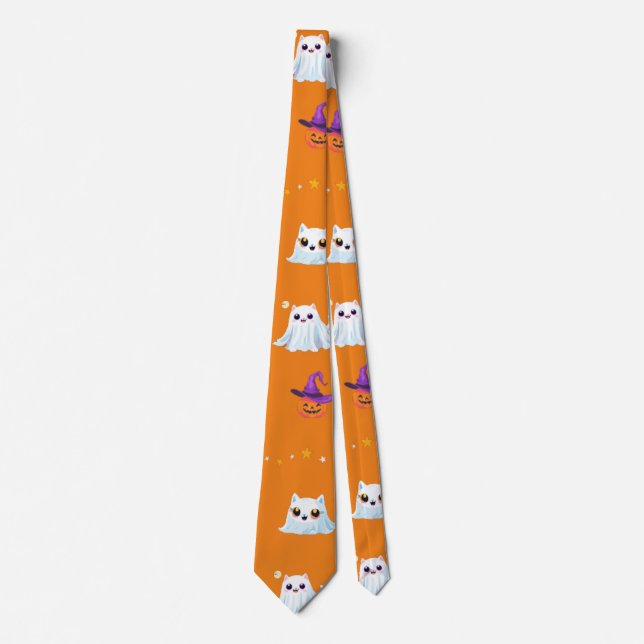 Cute Cat ghost sheet Halloween pumpkin party gifts Neck Tie (Front)
