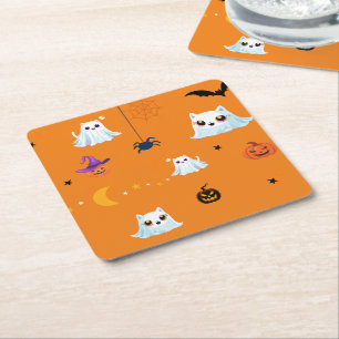 Cute Cat ghost sheet Halloween pumpkin party Square Paper Coaster