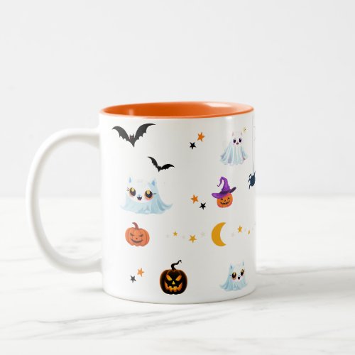 Cute Cat ghost sheet Halloween pumpkin party  Two_Tone Coffee Mug