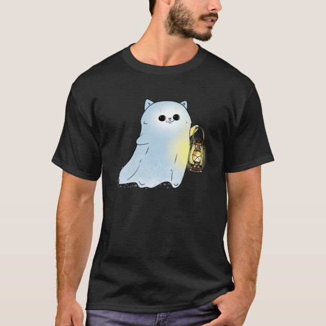 Cute Cat Ghost With Lantern Spook Phantom Hallowee T-Shirt (Front)