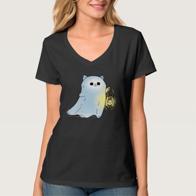 Cute Cat Ghost With Lantern Spook Phantom Hallowee T-Shirt (Front)