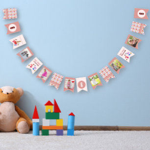 Cute Cat & Gifts Birthday Custom Photo Blush Pink Bunting Flags