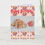 Cute Cat Ginger Tabby Floral Birthday art Card<br><div class="desc">Cute Ginger Tabby Watercolour Floral Happy Birthday art Card. Designed from my original watercolour art and garden photo from my own garden.</div>