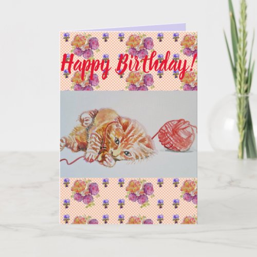 Cute Cat Ginger Tabby Floral Birthday art Card