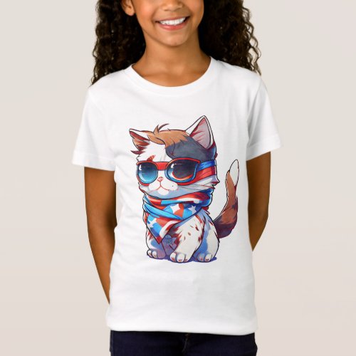 Cute Cat Girls July 4th Fireworks USA T_Shirt