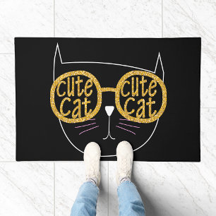Cute Cat Glasses Graphic Gold Glitter Kitty Face Doormat