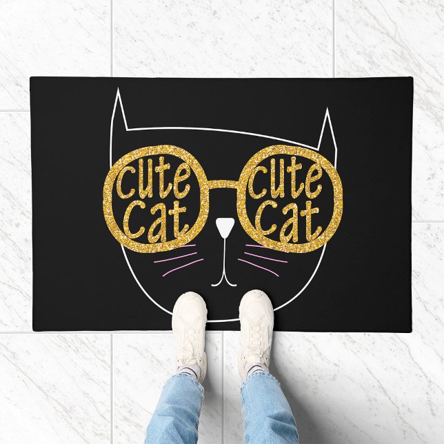 Cute Cat Glasses Graphic Gold Glitter Kitty Face  Doormat (Creator Uploaded)