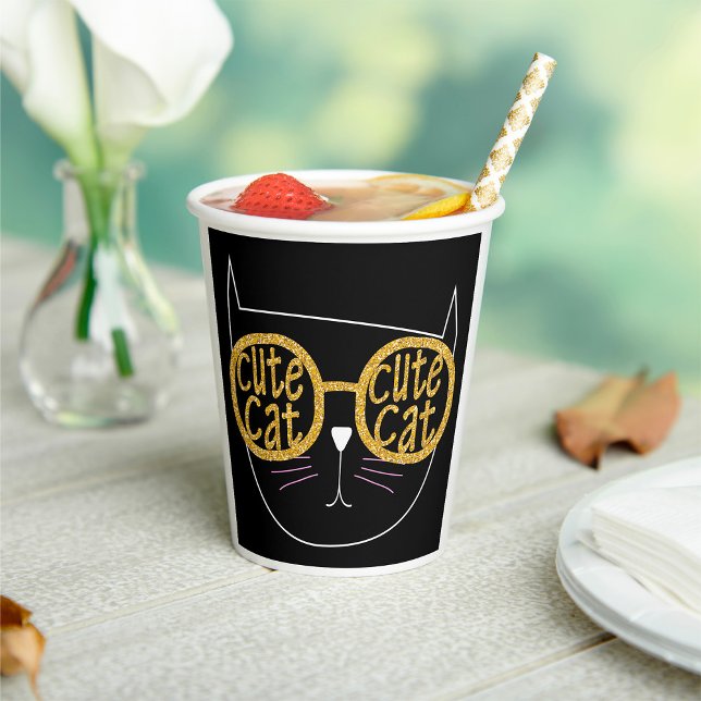 Cute Cat Glasses Graphic Gold Glitter Kitty Face  Paper Cups (Creator Uploaded)