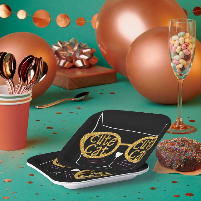 Cute Cat Glasses Graphic Gold Glitter Kitty Face  Paper Plates (Creator Uploaded)