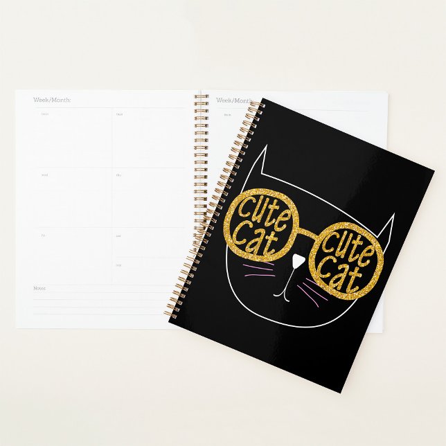 Cute Cat Glasses Graphic Gold Glitter Kitty Face  Planner (Creator Uploaded)
