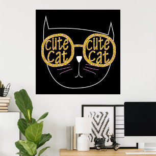 Cute Cat Glasses Graphic Gold Glitter Kitty Face Poster