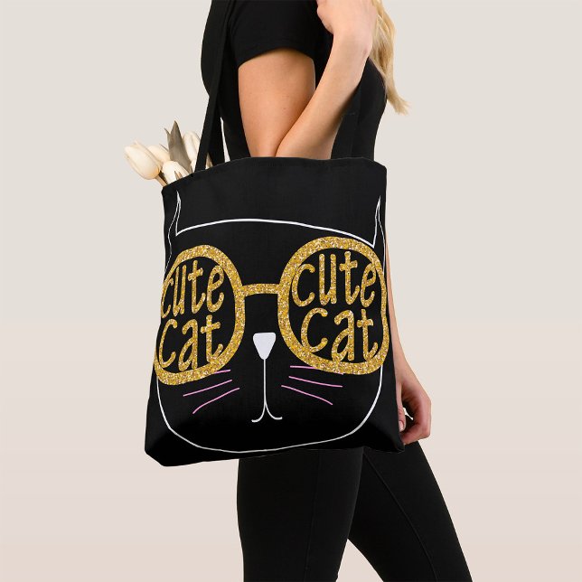 Cute Cat Glasses Graphic Gold Glitter Kitty Face  Tote Bag (Creator Uploaded)