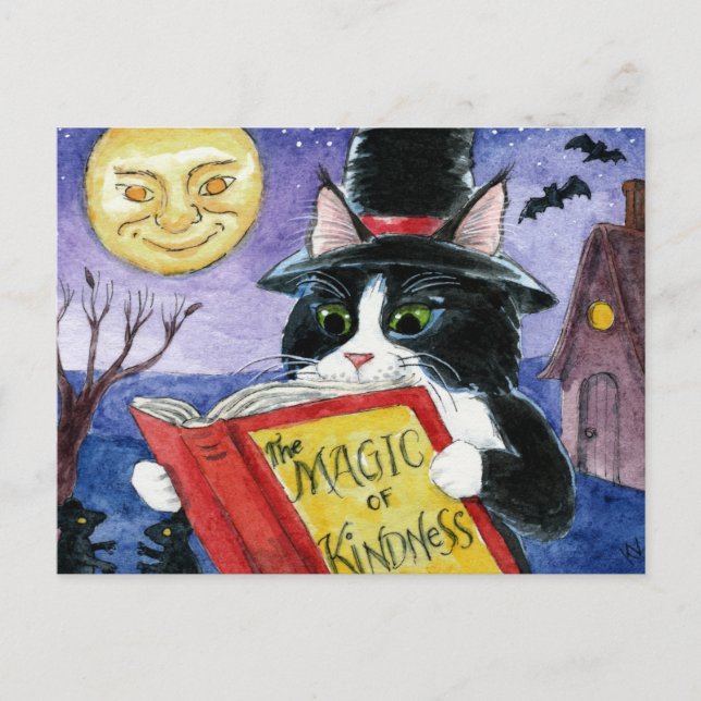 Cute Cat Halloween Art Witch Magic Postcard (Front)