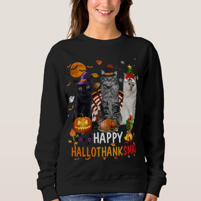 Cute Cat Halloween Merry Christmas Happy Hallothan Sweatshirt (Front)