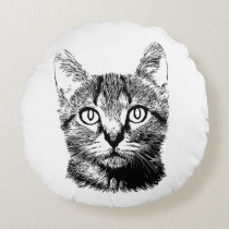 Cute Cat Hand Drawn Kitten Black & White Meow Round Pillow