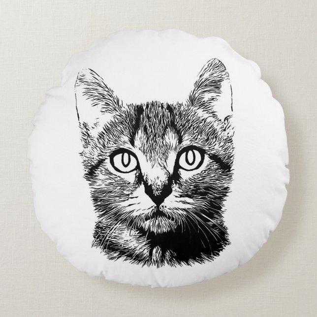 Cute Cat Hand Drawn Kitten Black & White Meow Round Pillow (Front)