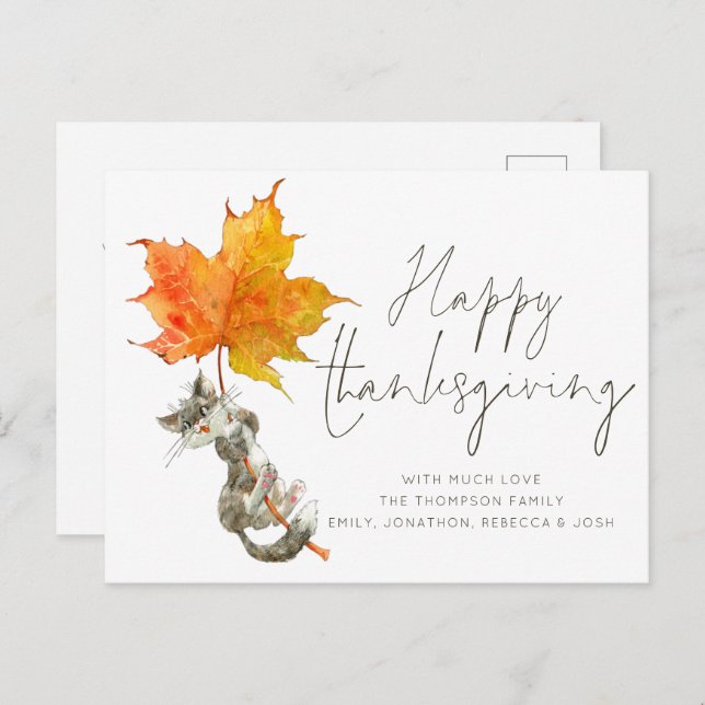 Cute Cat Handwriting Script Happy Thanksgiving Postcard (Front/Back)