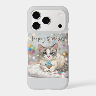 Cute Cat Happy Birthday Cupcake Blue Tone iPhone 17 Pro Case