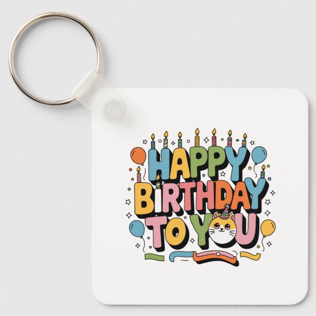 Cute Cat Happy Birthday Keychain (Front)