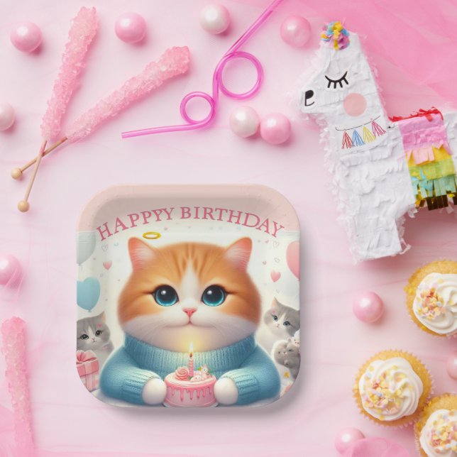 Cute Cat Happy Birthday Paper Plate (Party)
