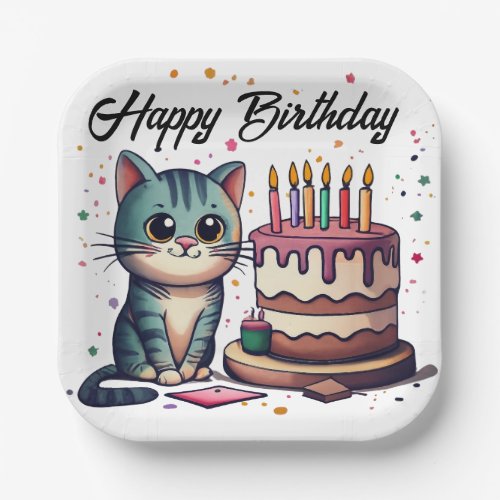Cute Cat Happy Birthday Paper Plates