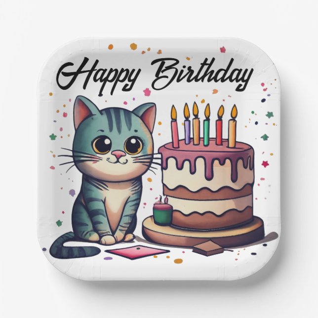 Cute Cat Happy Birthday Paper Plates (Front)