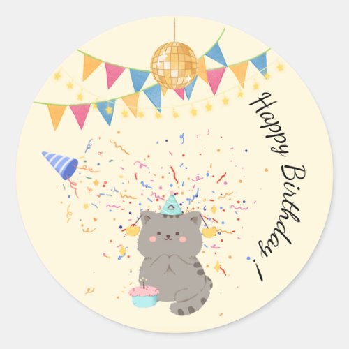 Cute Cat Happy Birthday Round Sticker | Pastel