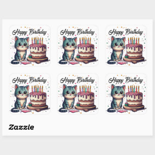 Cute Cat Happy Birthday Square Sticker