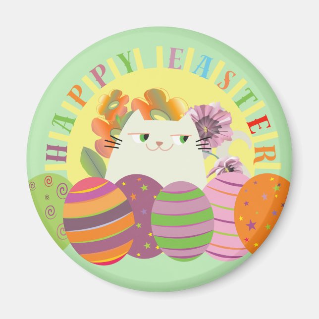 Cute Cat Happy Easter Magnet Spring Decor (Front)