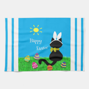 Cute Cat Happy Easter Stripes Kitchen Towel