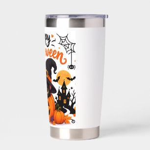 Cute Cat Happy Halloween Travel Mug - Kawaii Witch Insulated Tumbler